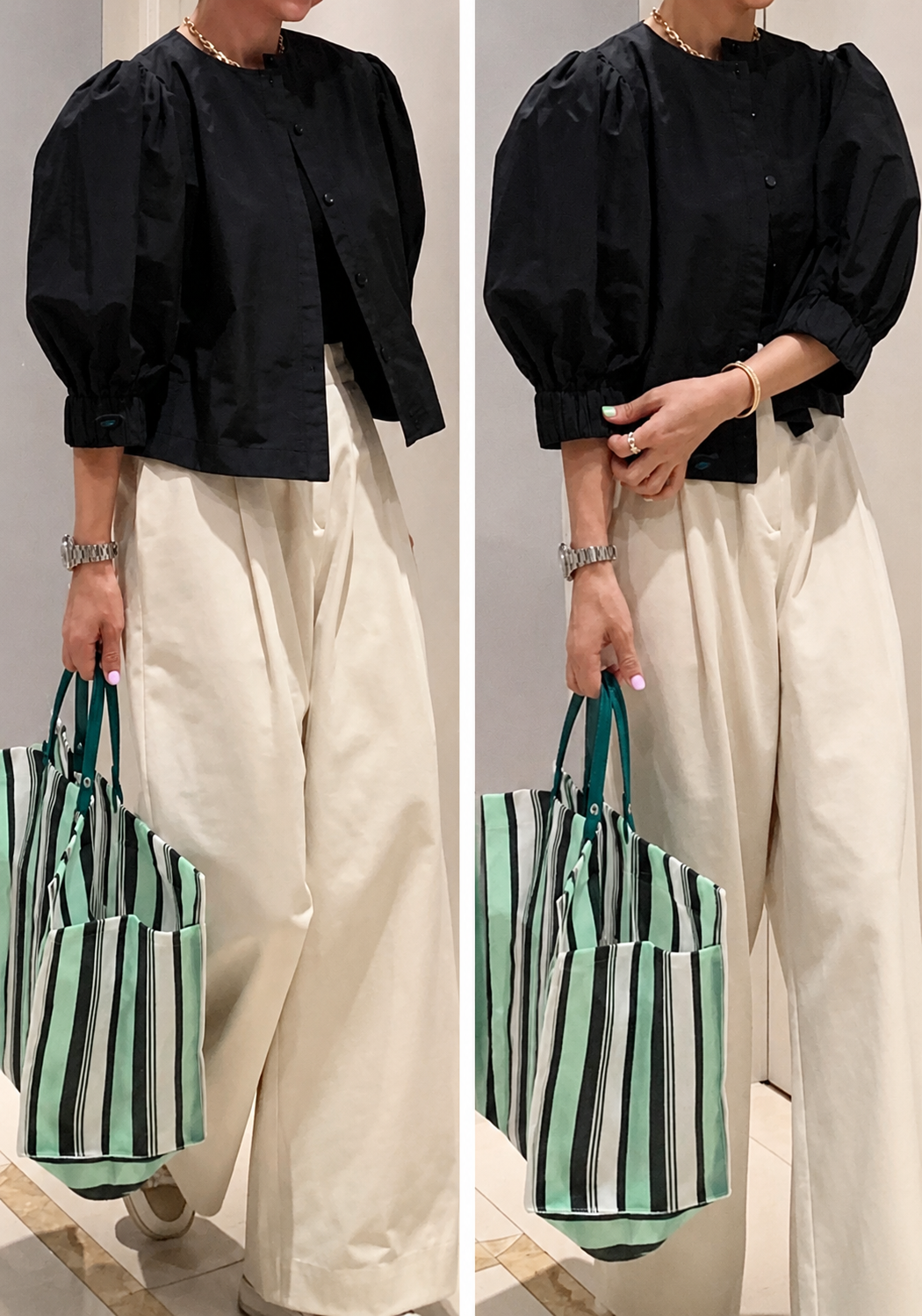 Volume Puff Sleeve Semi-Cropped Blouse & Cardigan