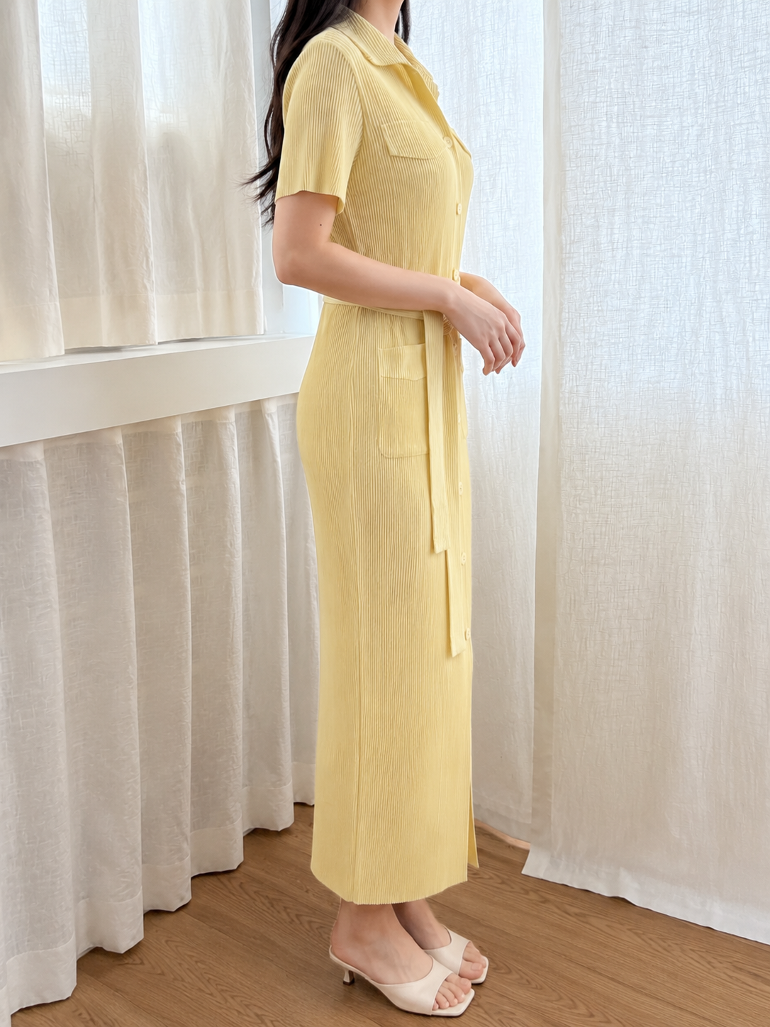 Pleated Short-Sleeve Pocket Dress