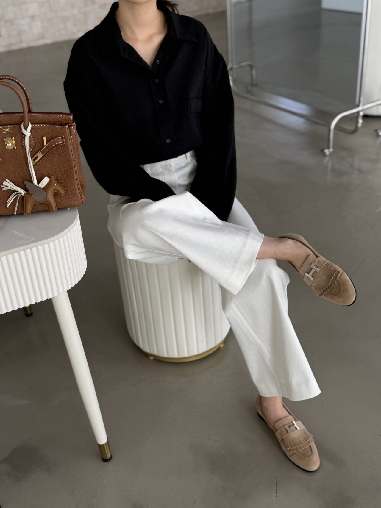 Wool-Tencel Crinkle Belted Overfit Shirt - Black