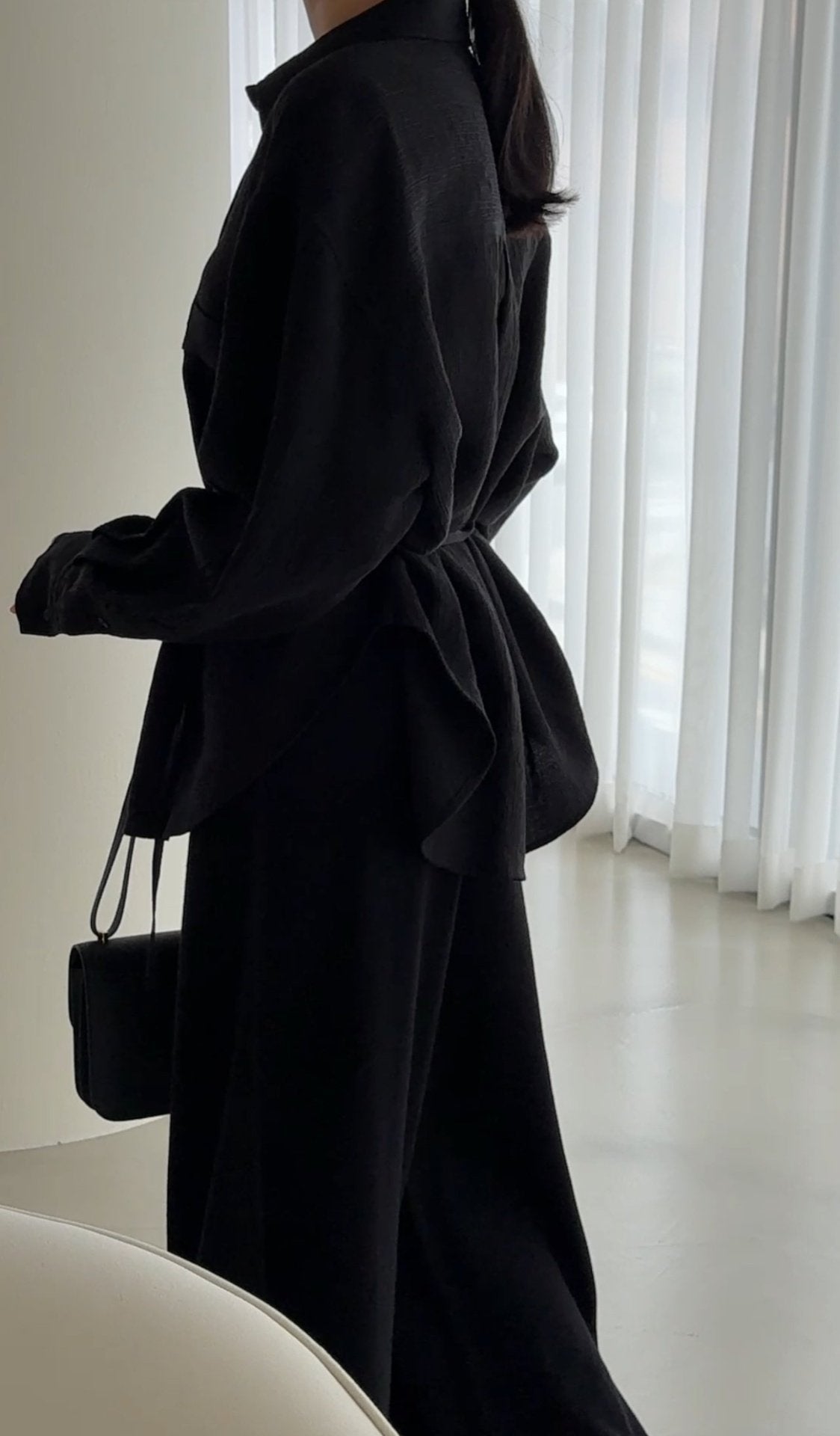 Wool-Tencel Crinkle Belted Overfit Shirt - Black