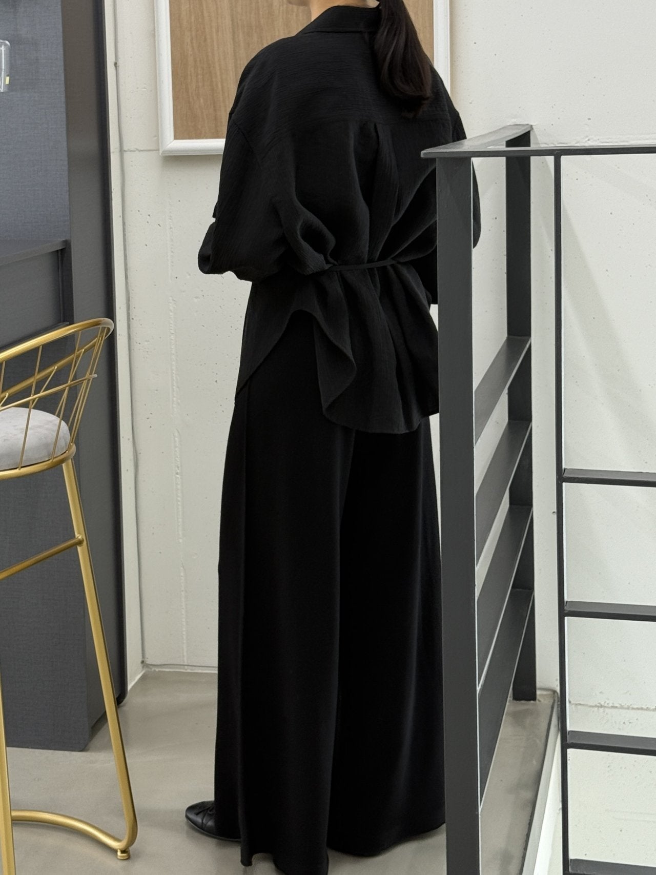 Wool-Tencel Crinkle Belted Overfit Shirt - Black