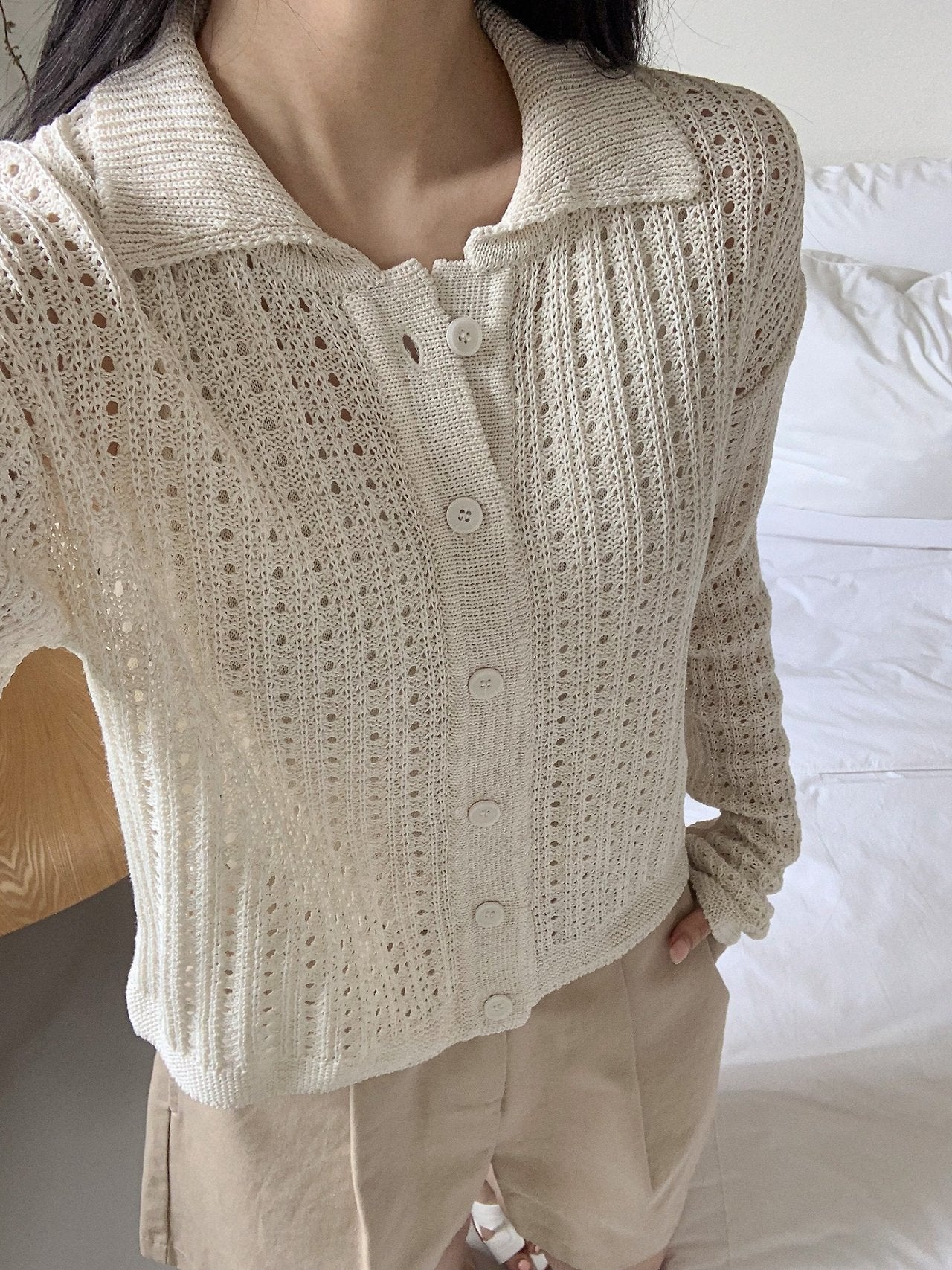 Linen-Cotton Perforated Collar Cardigan