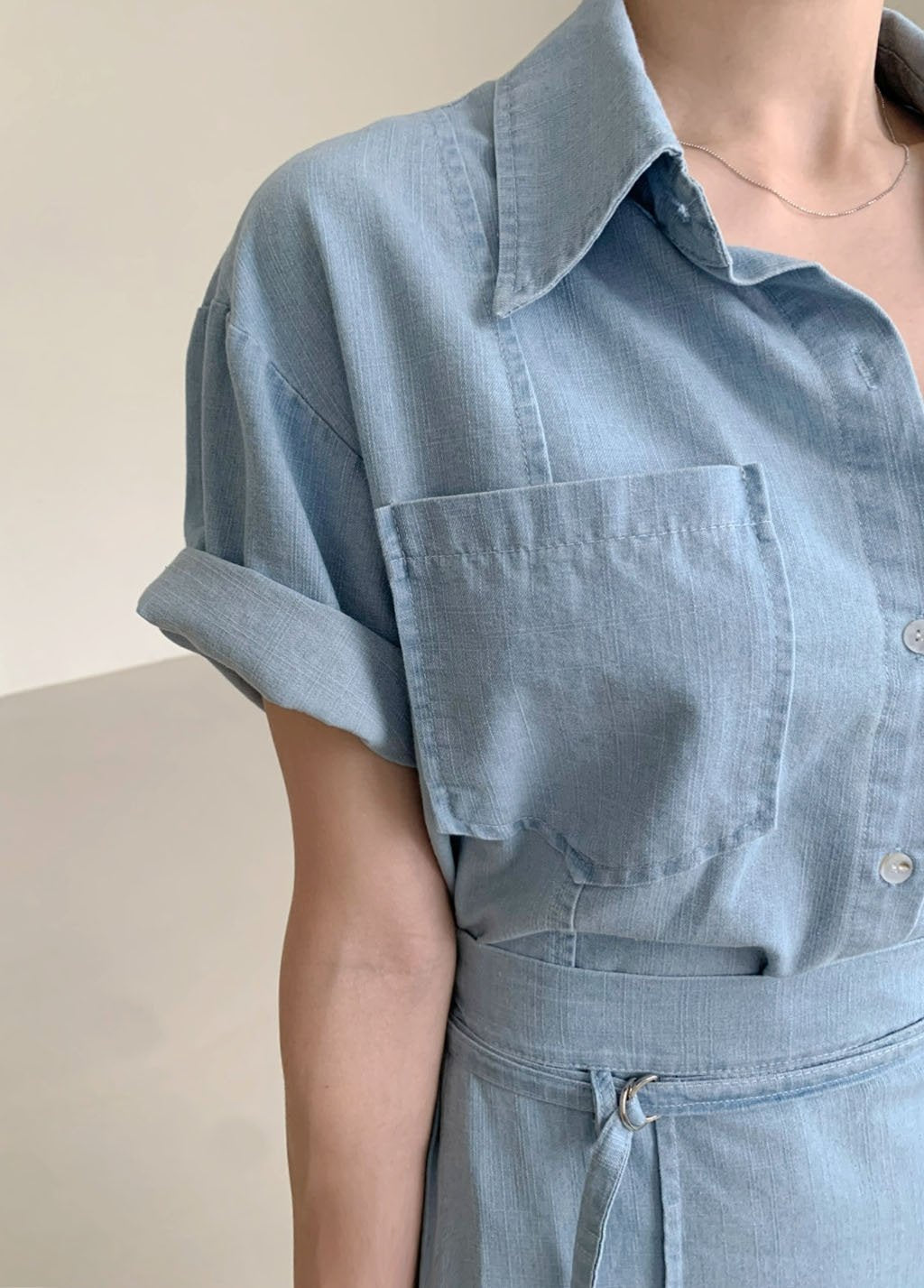 Short Sleeve Denim Shirt & Back-Band Denim Skirt set