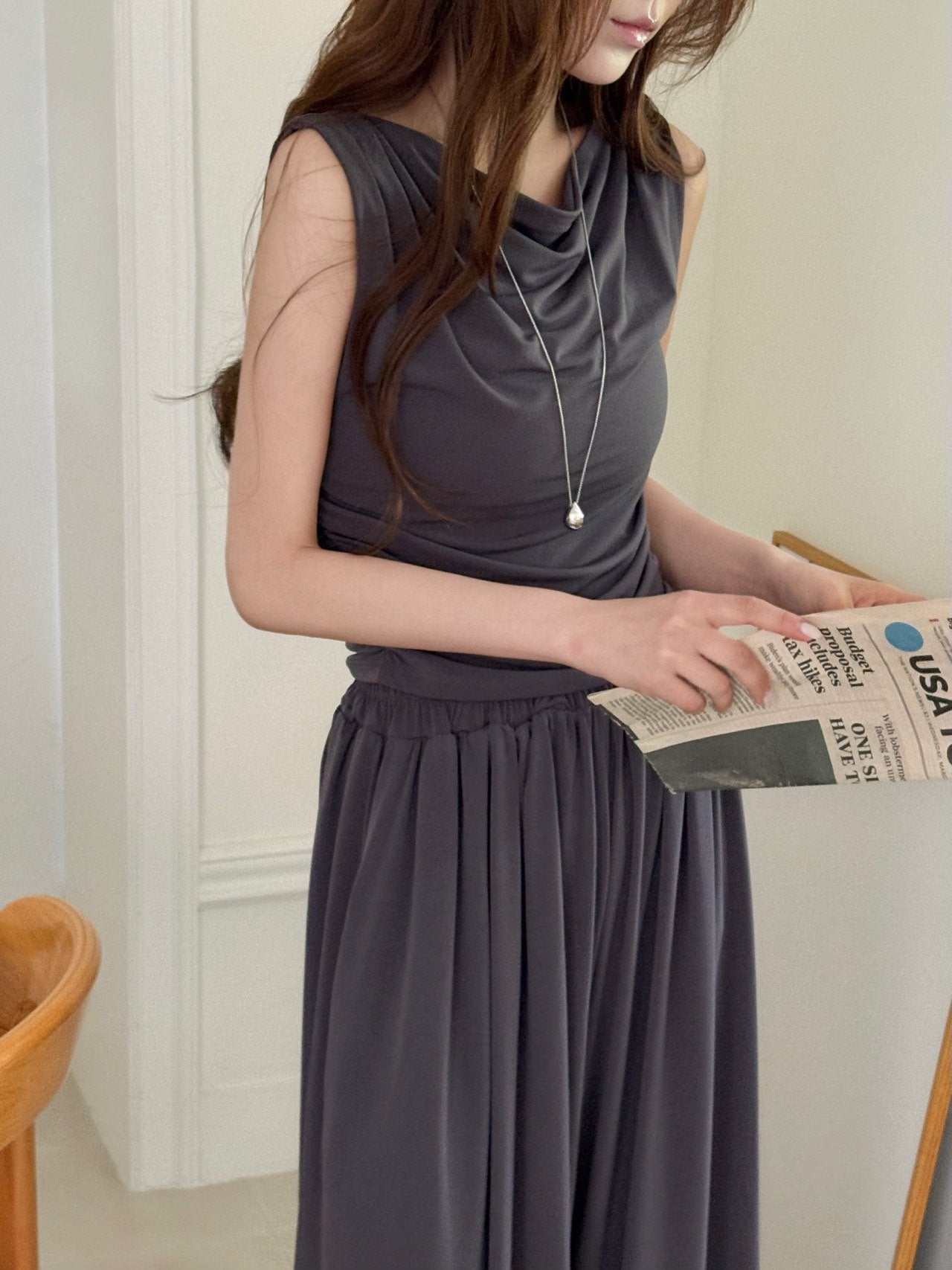 Draped Sleeveless & Wide-Leg Pants Set