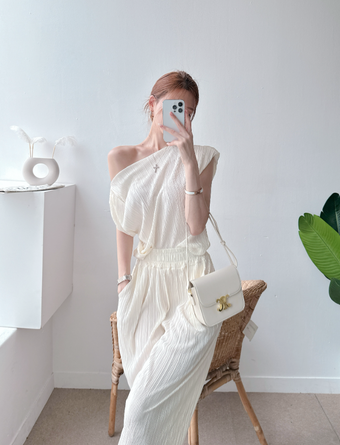 Pleated Off-Shoulder Cap Sleeve Top & Wide Pants Set