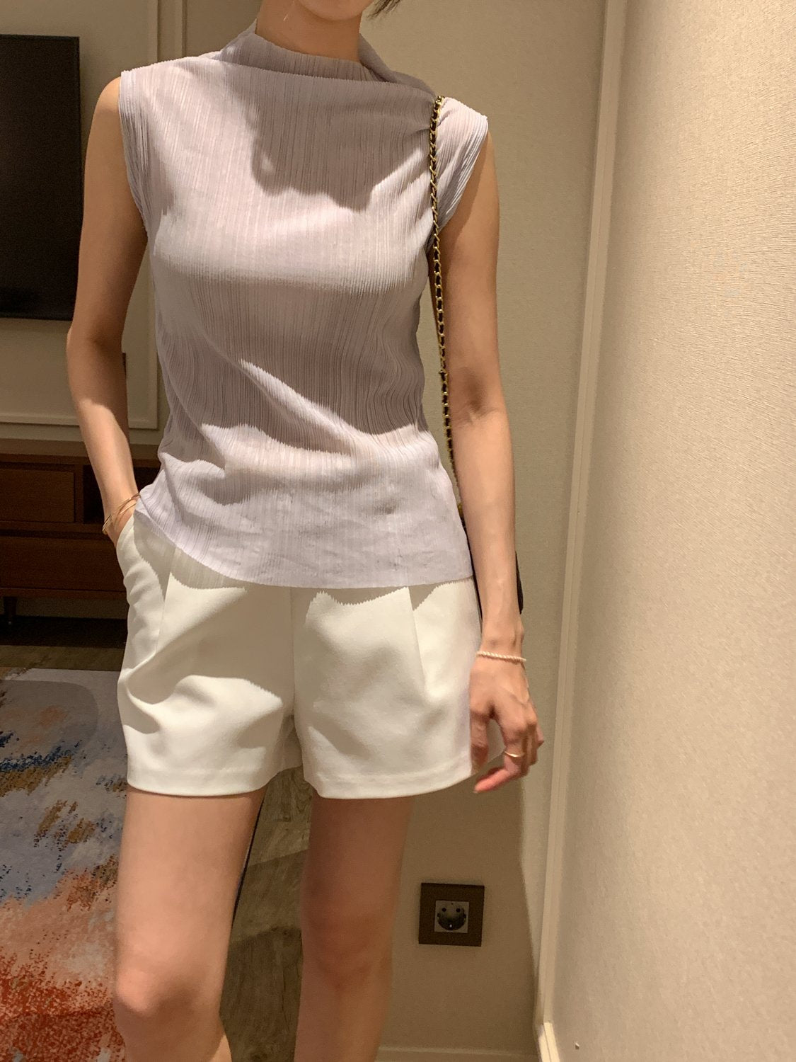 Pleated Mock-Neck Sleeveless Top