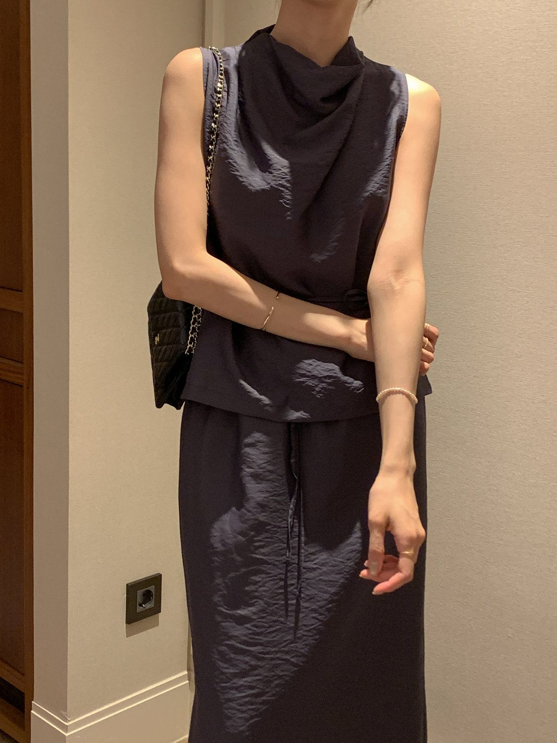 Cowl-Neck Shirring Sleeveless Blouse