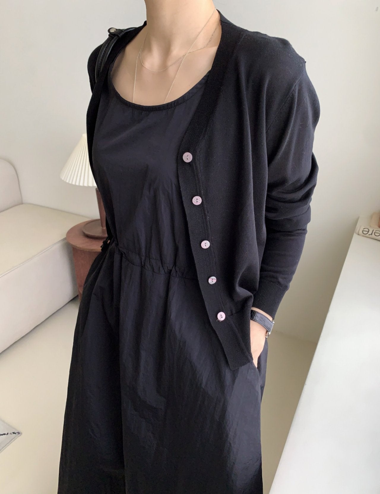 Crisp Texture Long Dress & Matching Cardigan set