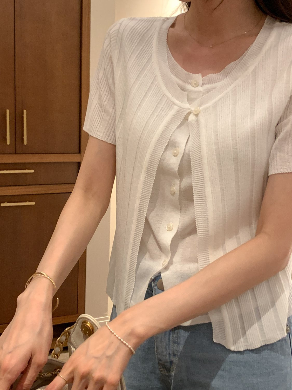 2-in-1 Ribbed Short-Sleeve Cardigan
