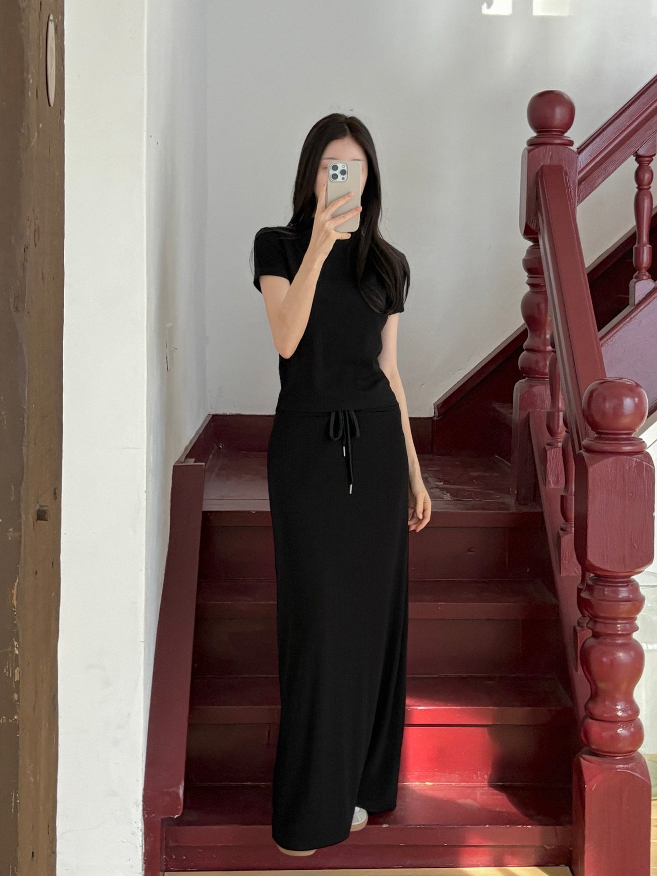 Wrinkle-Textured Half-Sleeve Top & Long Skirt Set