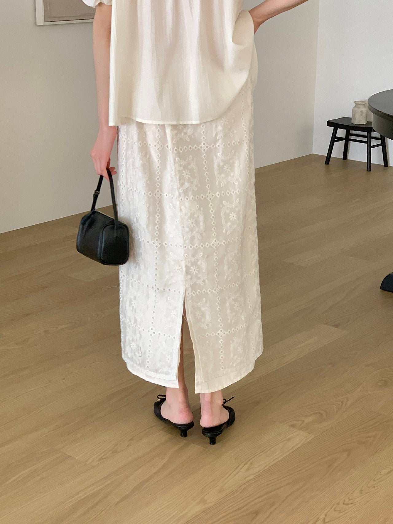 Square Lace Double-Layered Long Skirt