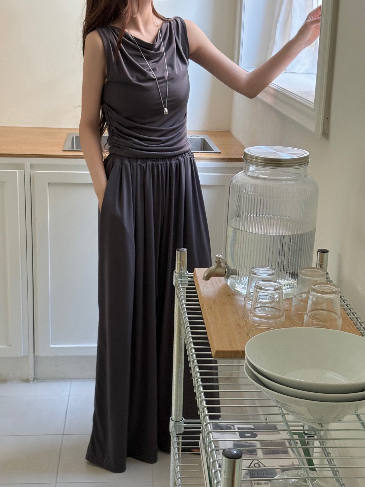 Draped Sleeveless & Wide-Leg Pants Set
