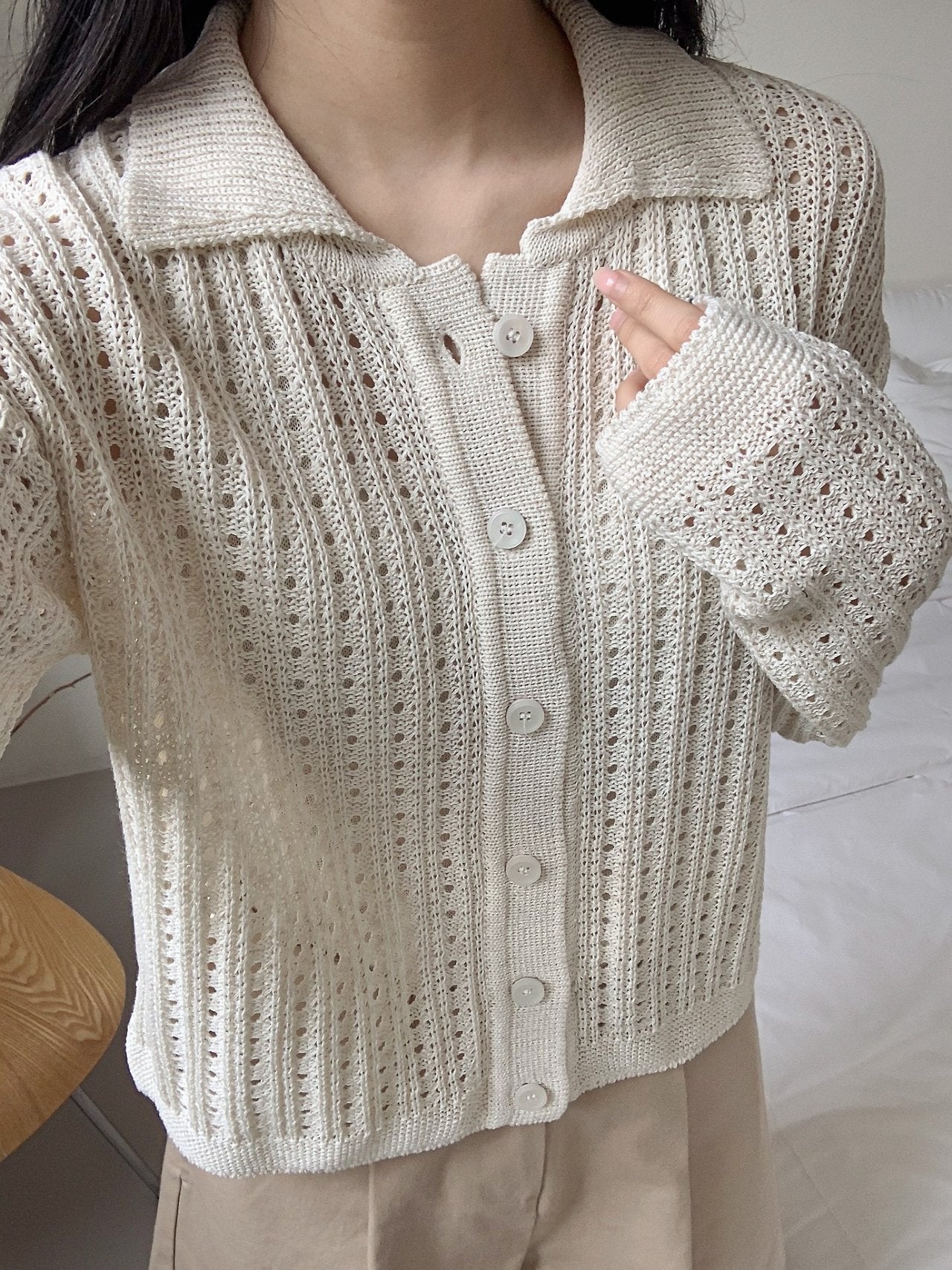 Linen-Cotton Perforated Collar Cardigan