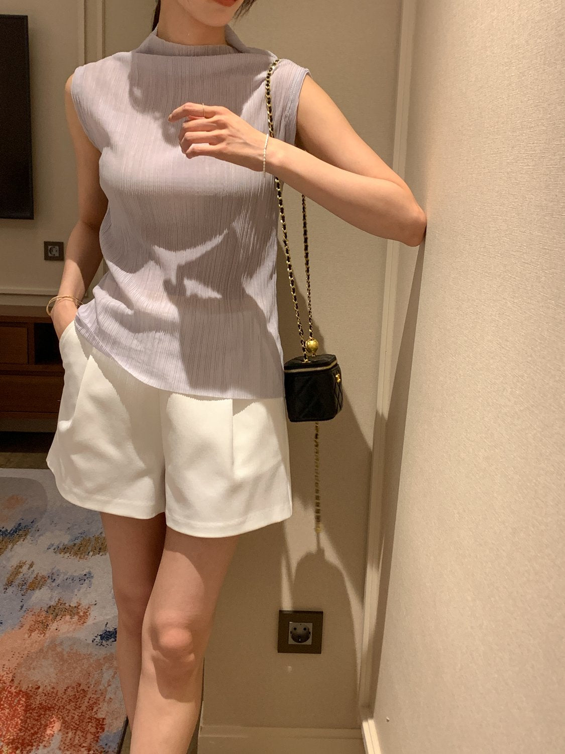 Pleated Mock-Neck Sleeveless Top