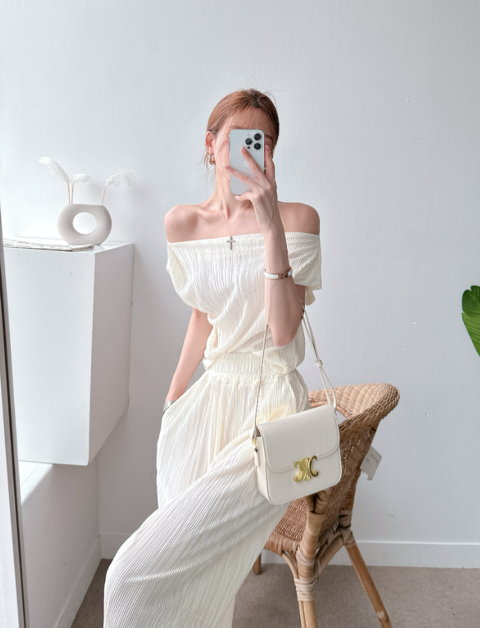 Pleated Off-Shoulder Cap Sleeve Top & Wide Pants Set