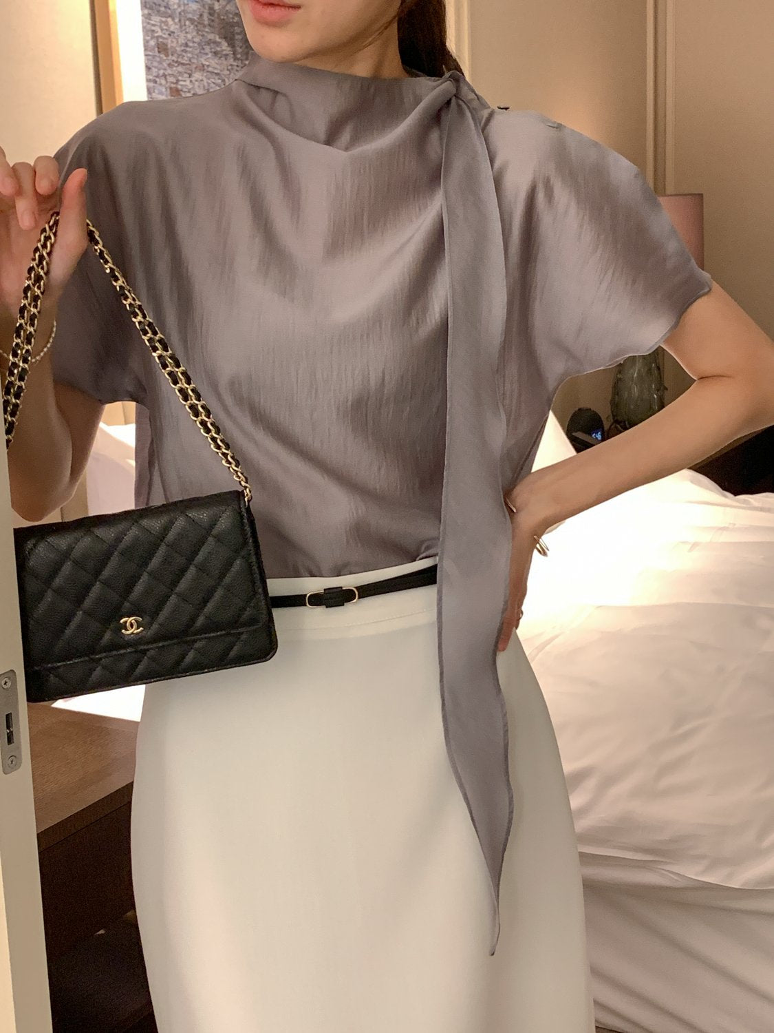 Tie Mock-Neck Blouse