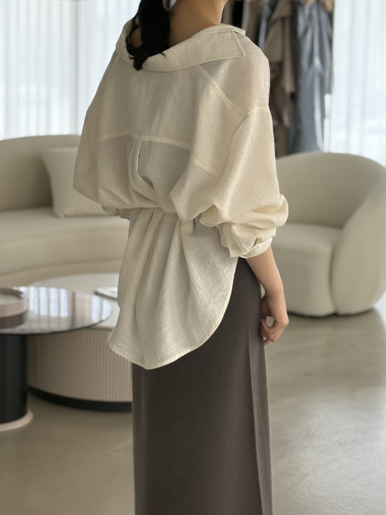 Wool-Tencel Crinkle Belted Overfit Shirt - Black