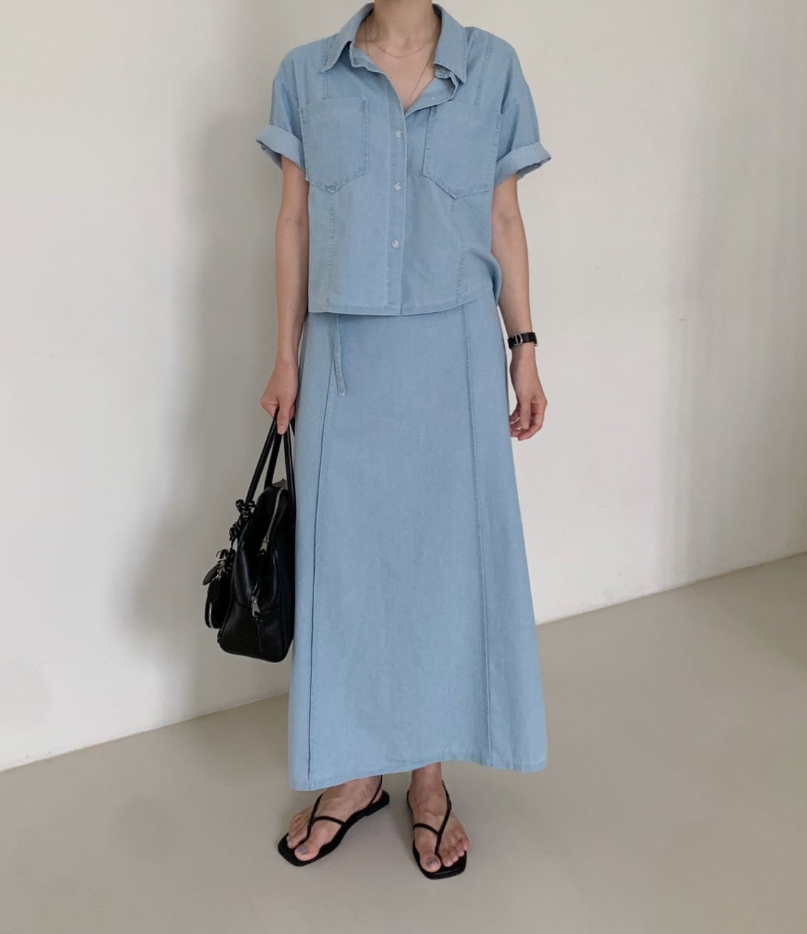 Short Sleeve Denim Shirt & Back-Band Denim Skirt set