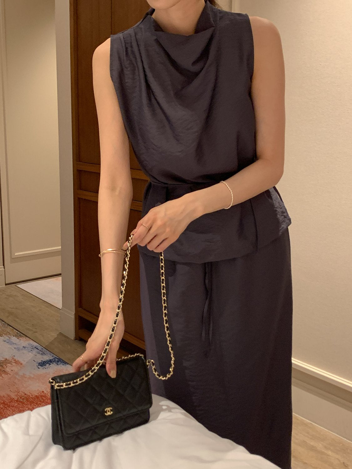 Cowl-Neck Shirring Sleeveless Blouse