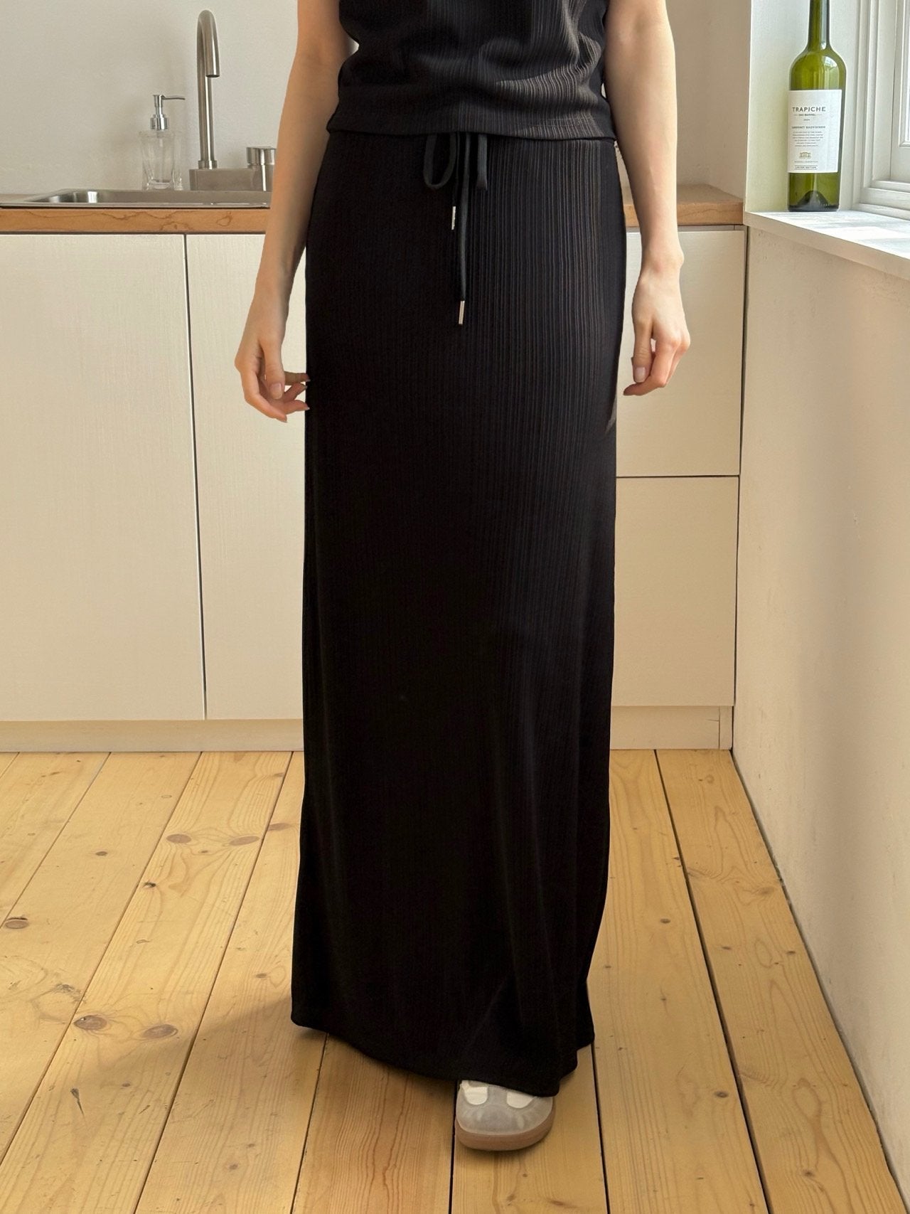 Wrinkle-Textured Half-Sleeve Top & Long Skirt Set
