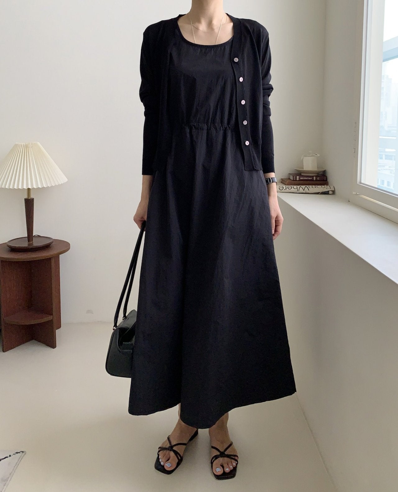 Crisp Texture Long Dress & Matching Cardigan set