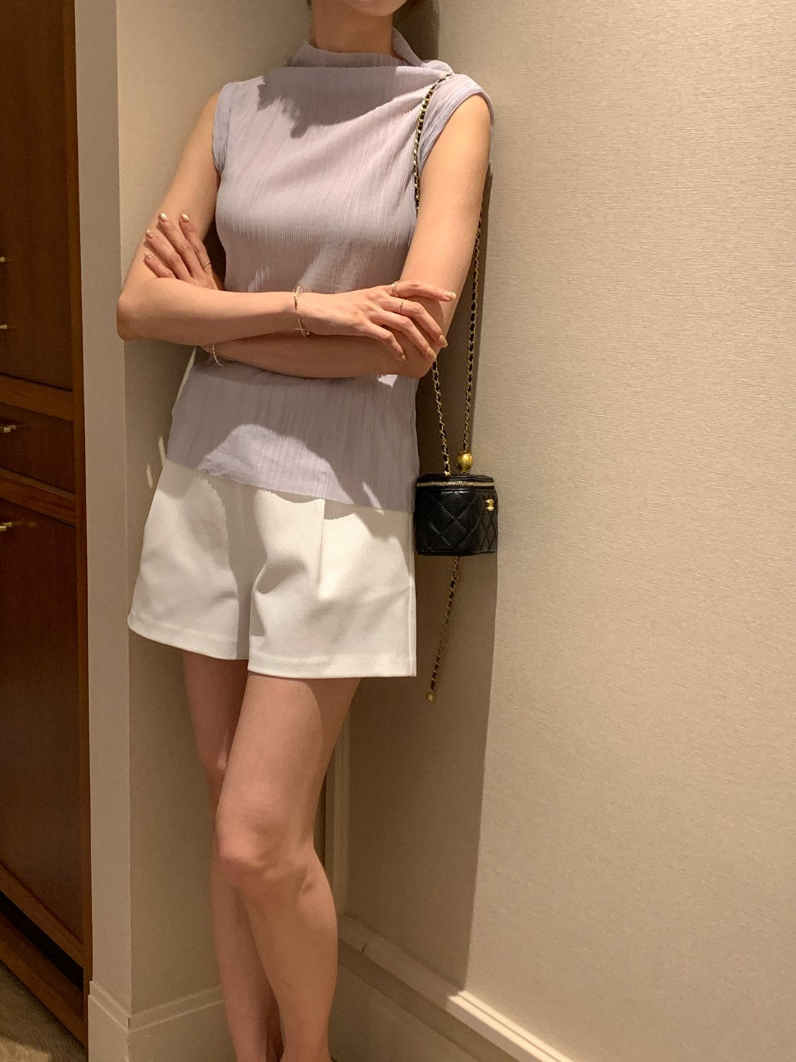 Pleated Mock-Neck Sleeveless Top