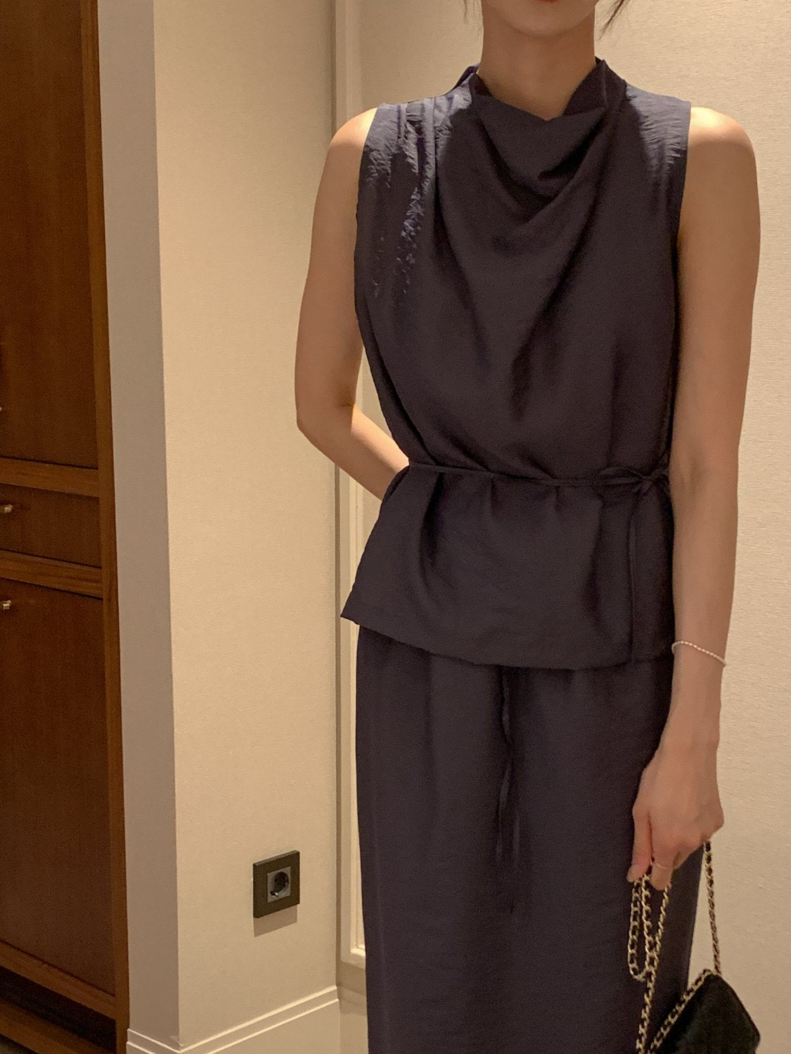 Cowl-Neck Shirring Sleeveless Blouse