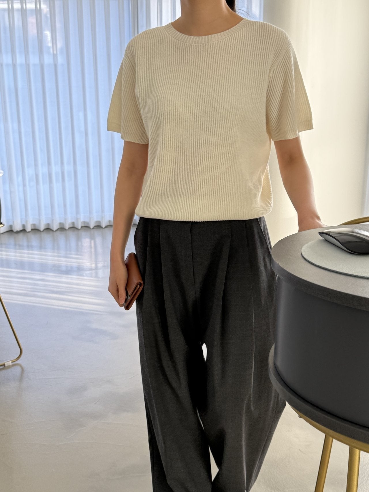 Textured Semi-Crop Knit (Short Sleeve) - Ivory