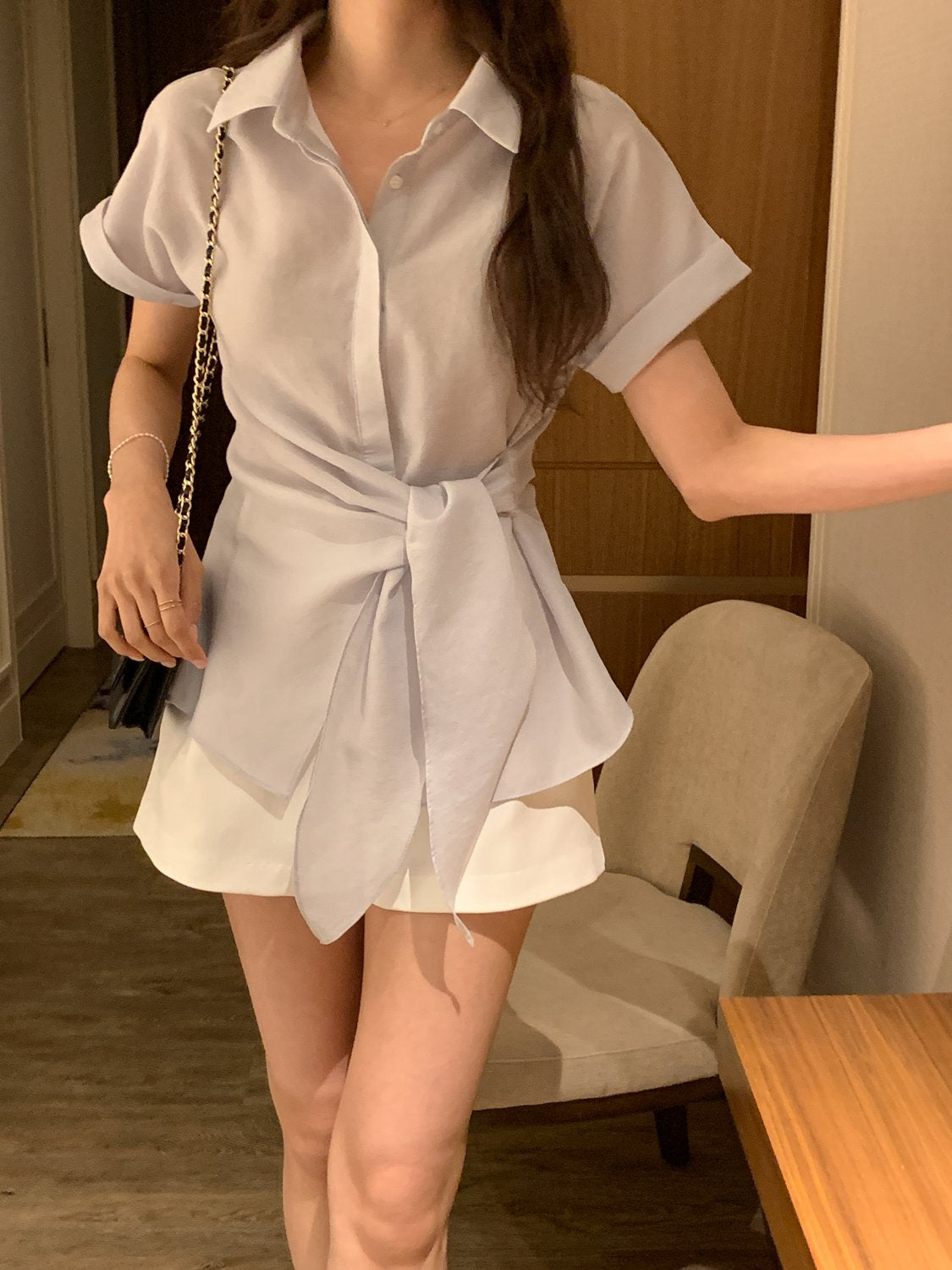 Serene Semi-Open Rolled-Up Wrap Shirt
