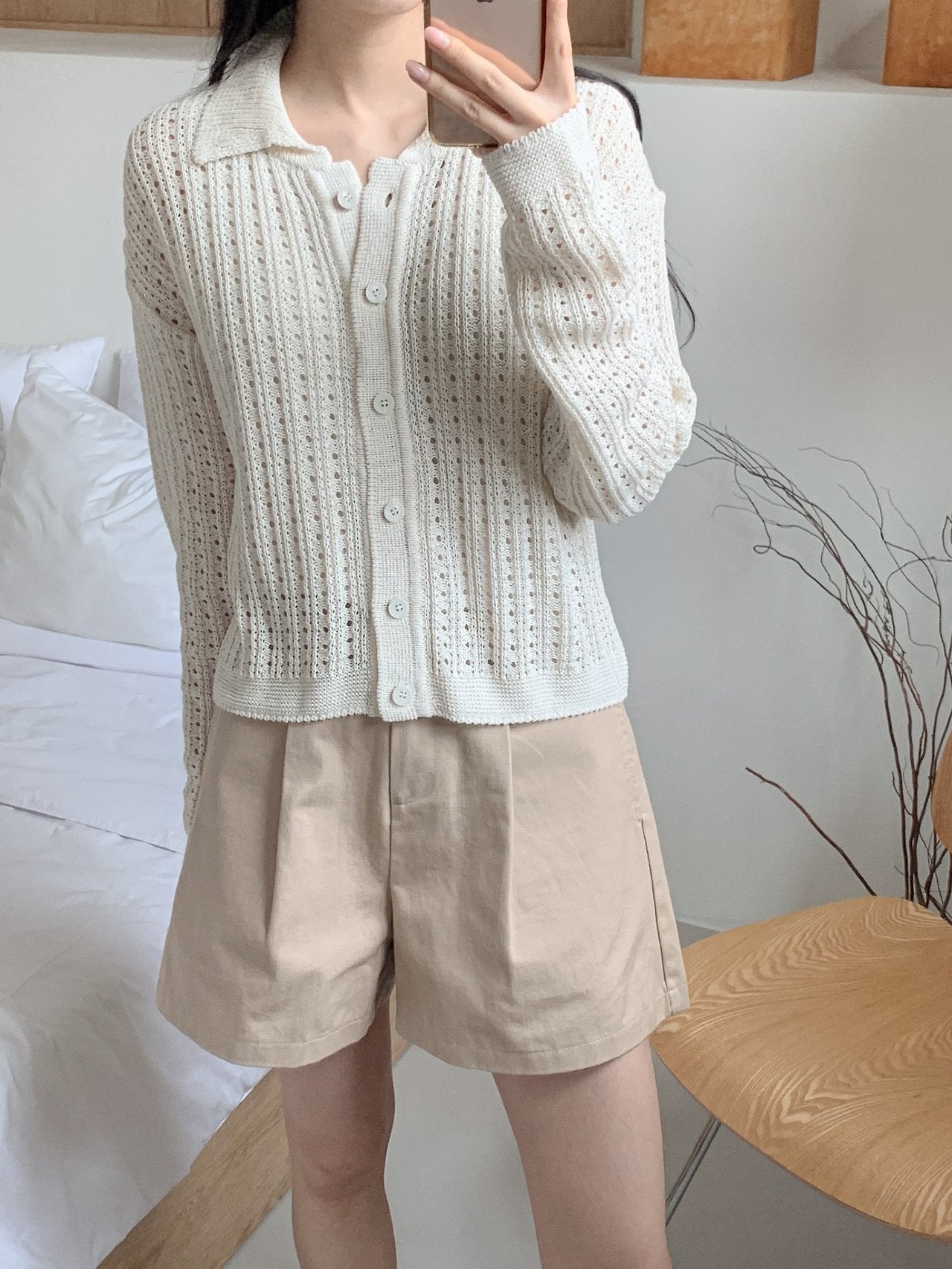 Linen-Cotton Perforated Collar Cardigan