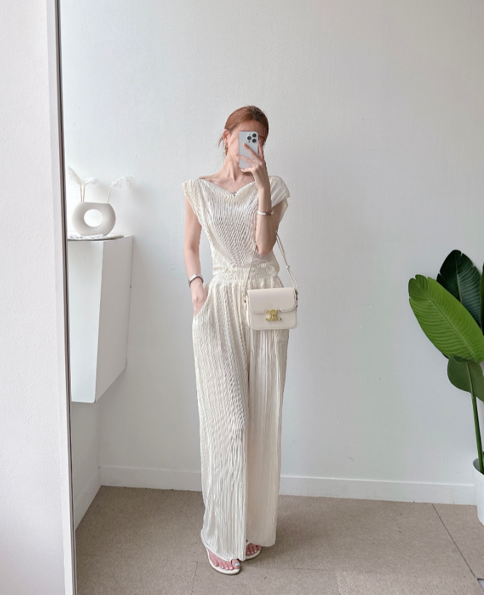 Pleated Off-Shoulder Cap Sleeve Top & Wide Pants Set