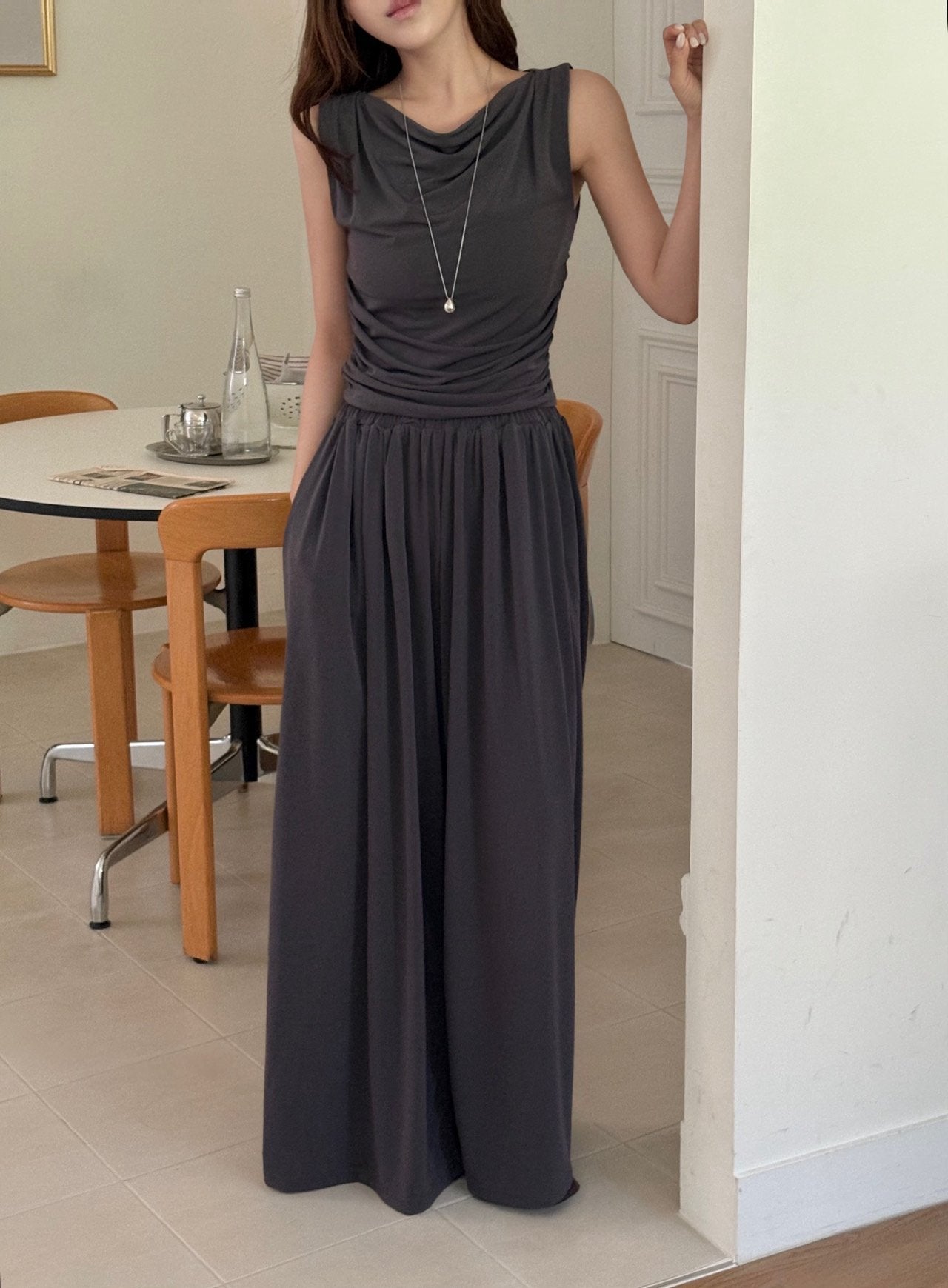 Draped Sleeveless & Wide-Leg Pants Set