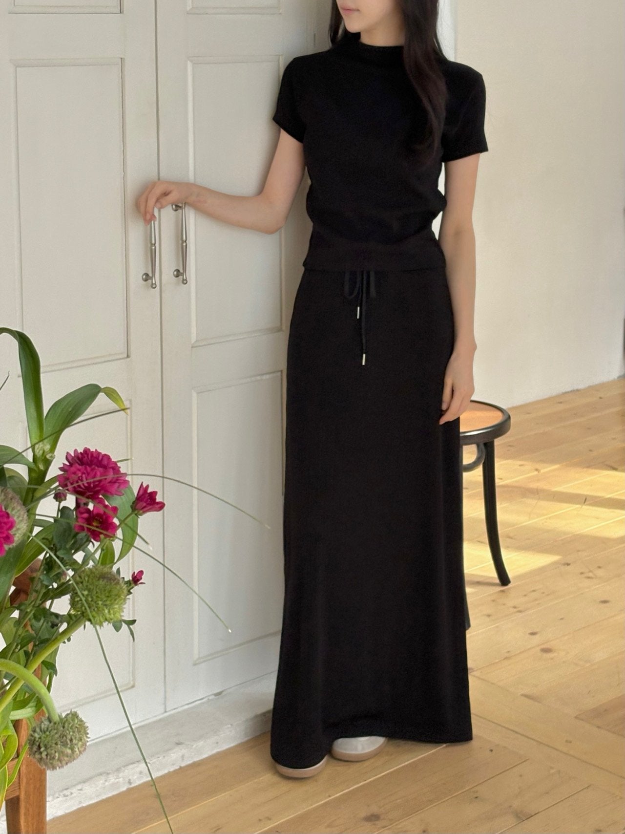 Wrinkle-Textured Half-Sleeve Top & Long Skirt Set