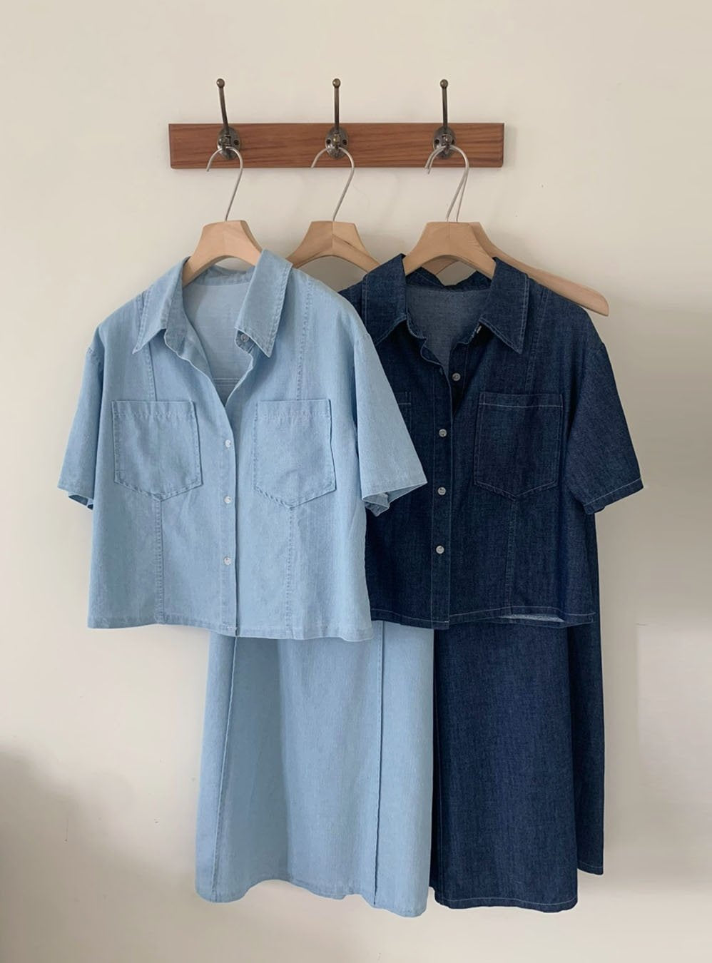 Short Sleeve Denim Shirt & Back-Band Denim Skirt set