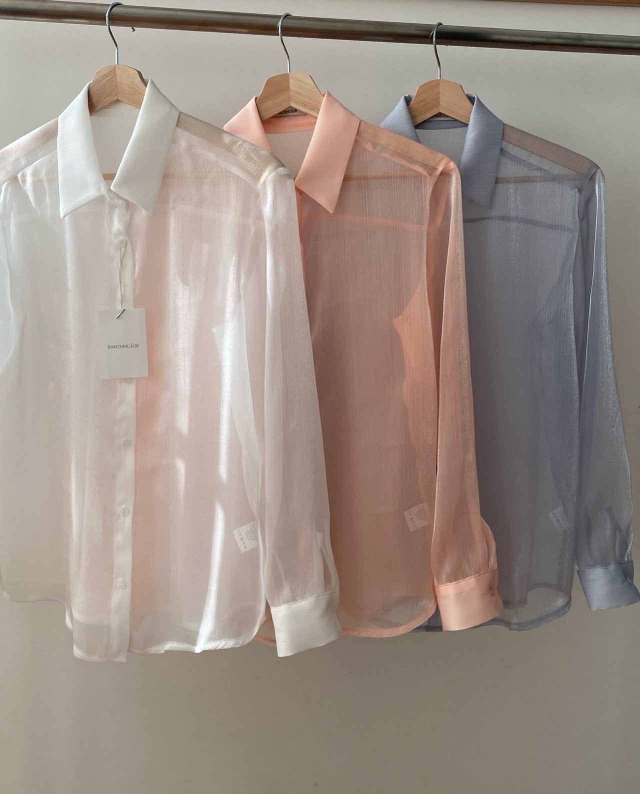 Luxury Organza Sheer Blouse – Sky Blue · White · Peach Pink