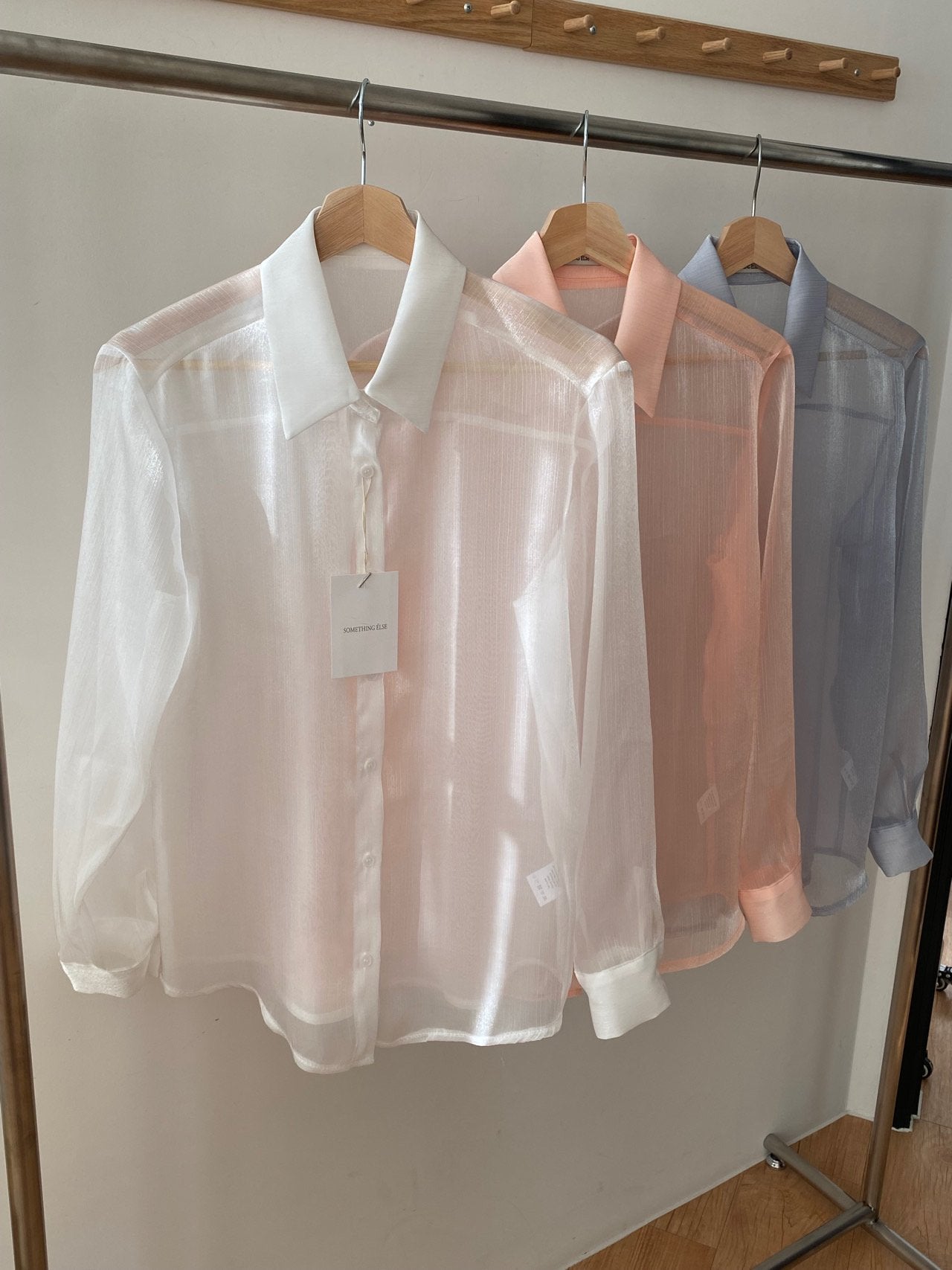 Luxury Organza Sheer Blouse – Sky Blue · White · Peach Pink