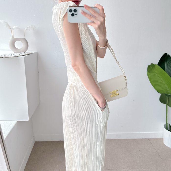 Pleated Off-Shoulder Cap Sleeve Top & Wide Pants Set