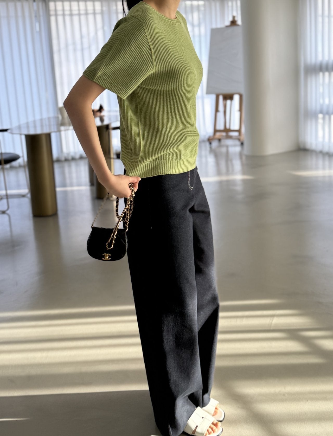 Textured Semi-Crop Knit (Short Sleeve) - Avocado