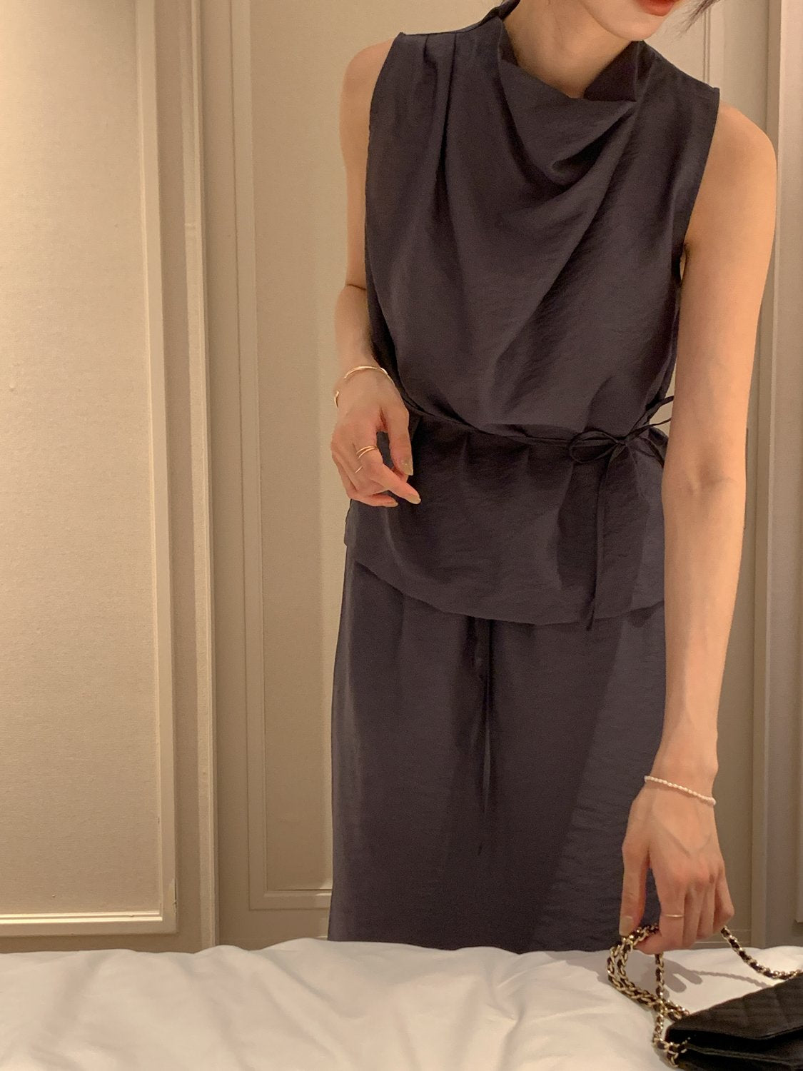 Cowl-Neck Shirring Sleeveless Blouse
