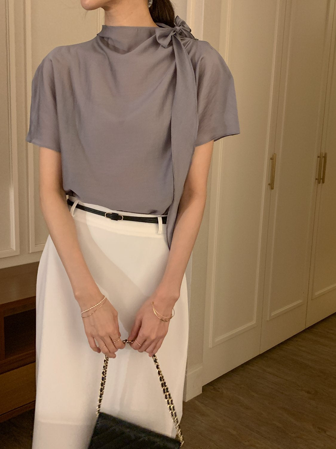 Tie Mock-Neck Blouse