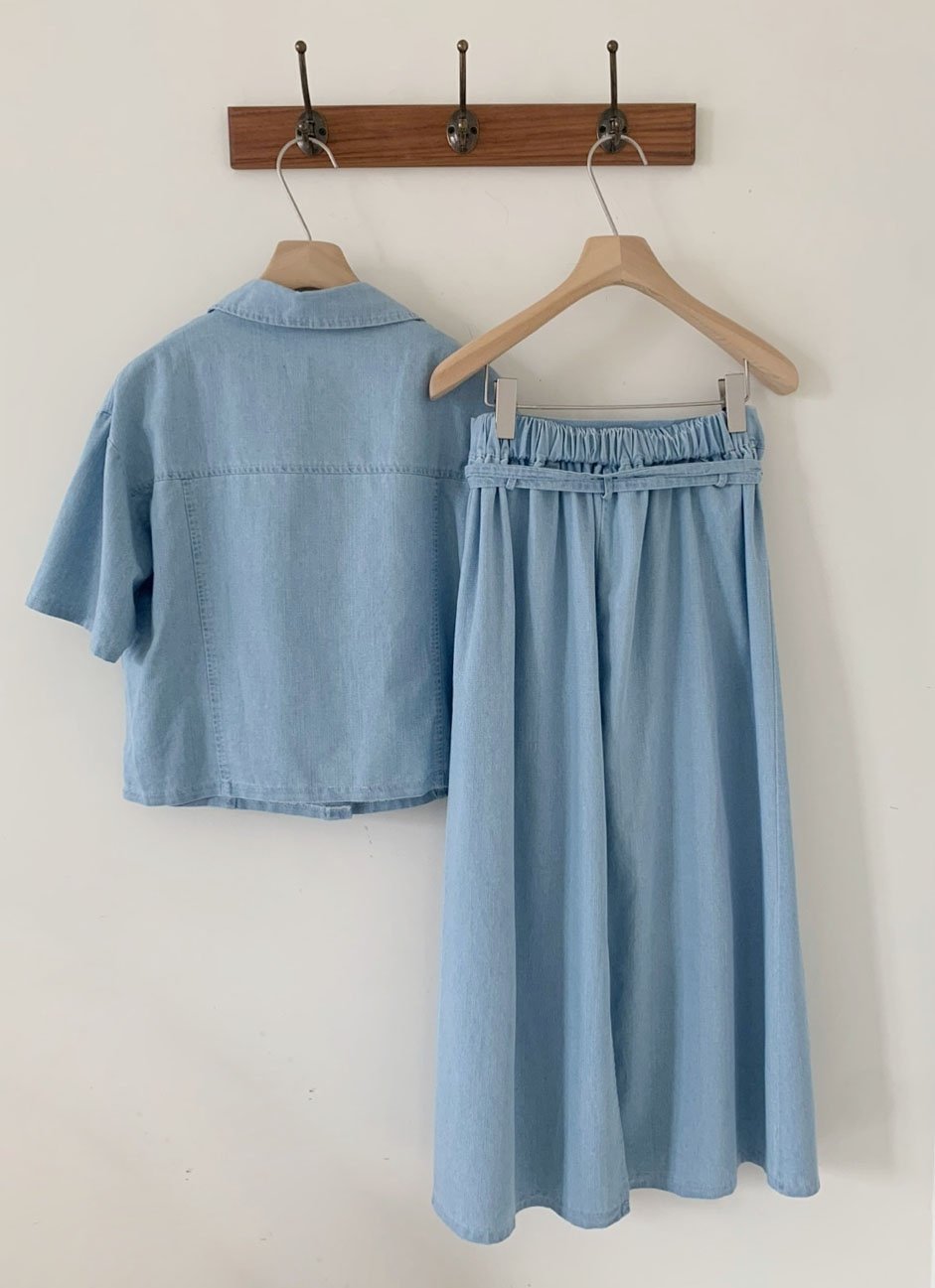 Short Sleeve Denim Shirt & Back-Band Denim Skirt set