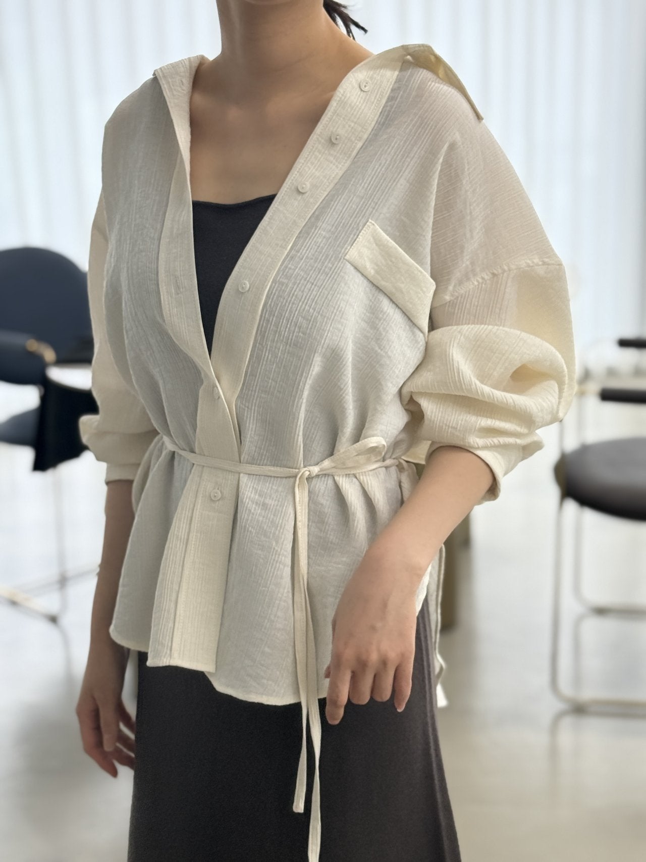 Wool-Tencel Crinkle Belted Overfit Shirt - Black