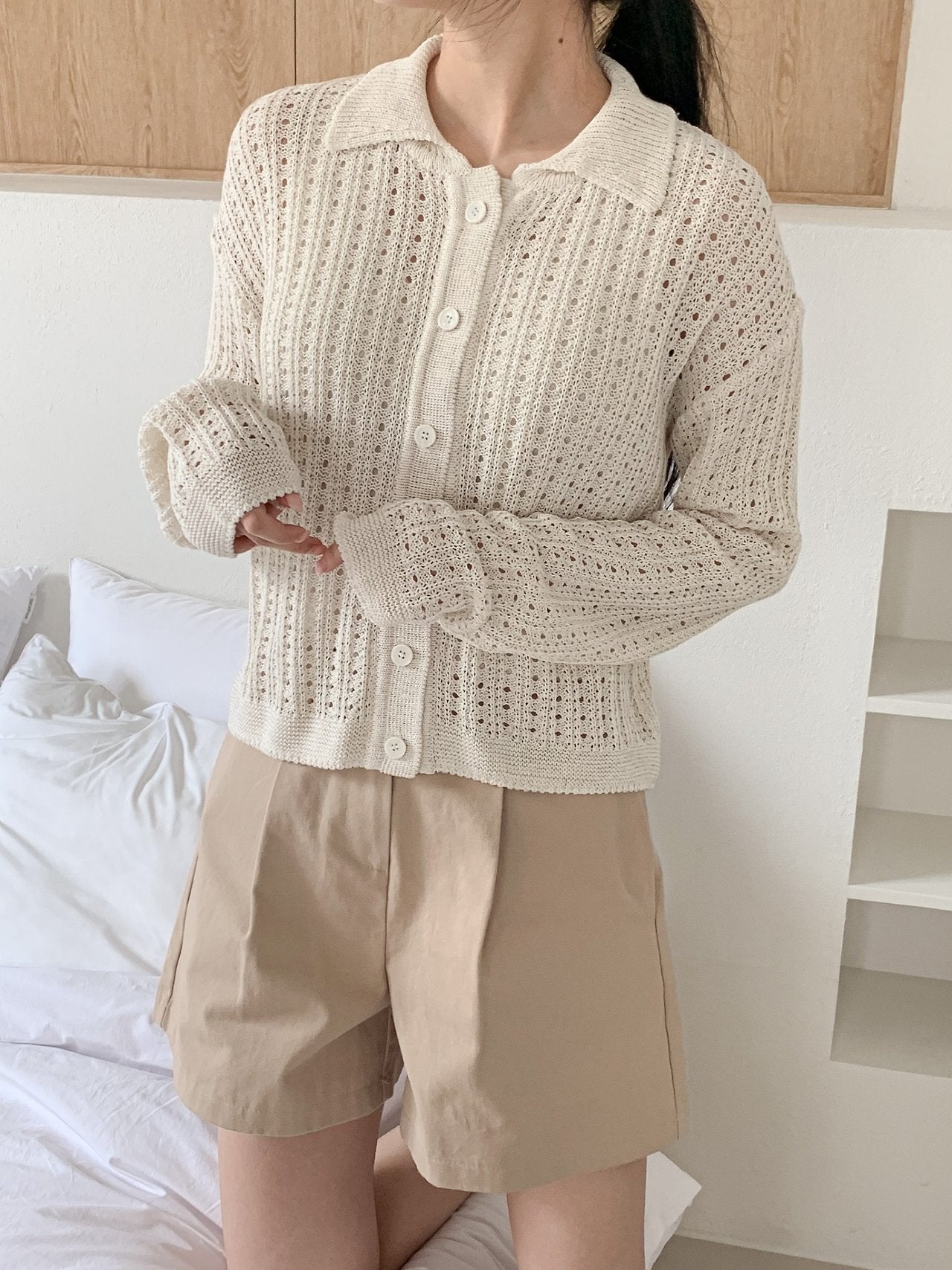 Linen-Cotton Perforated Collar Cardigan