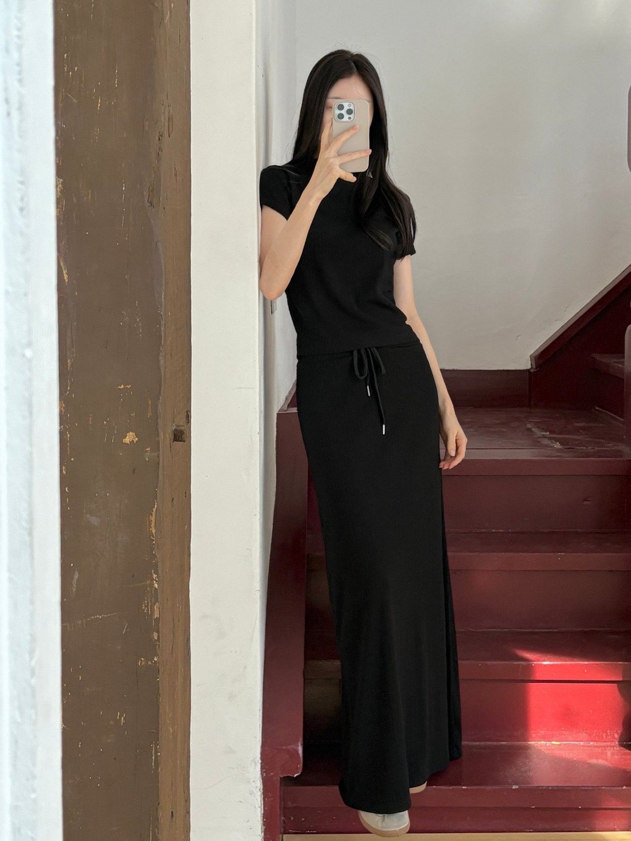 Wrinkle-Textured Half-Sleeve Top & Long Skirt Set