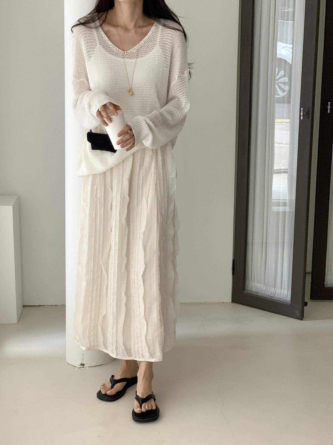 Ruffle Pintuck Long Skirt