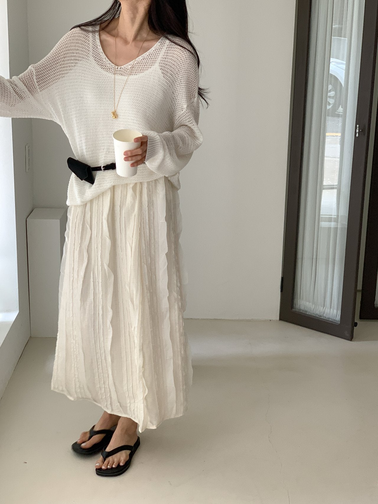 Ruffle Pintuck Long Skirt