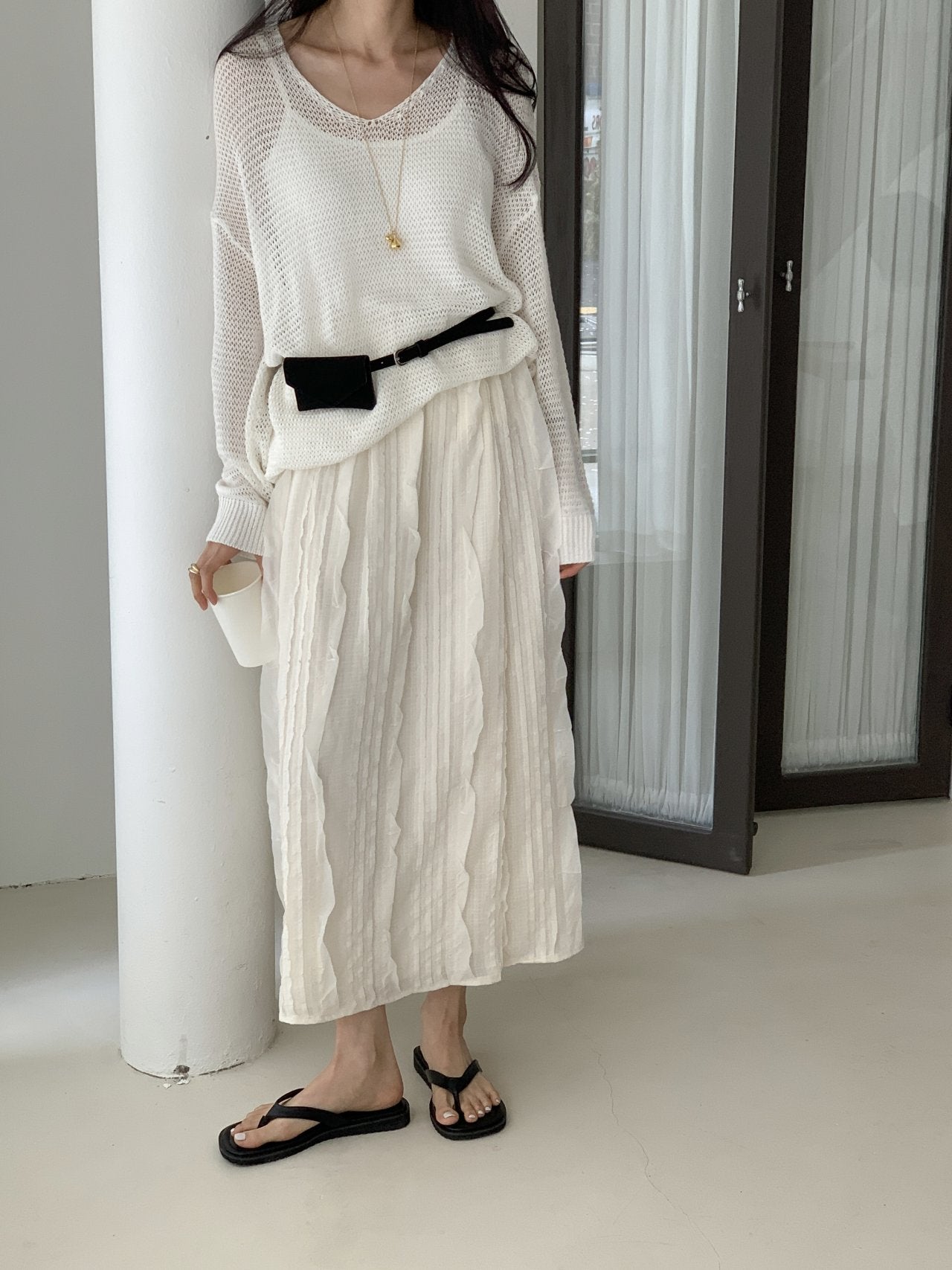 Ruffle Pintuck Long Skirt