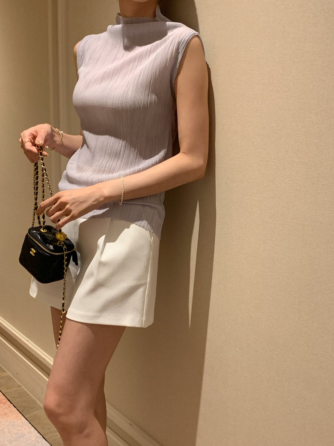 Pleated Mock-Neck Sleeveless Top