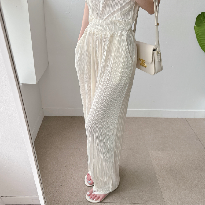 Pleated Off-Shoulder Cap Sleeve Top & Wide Pants Set