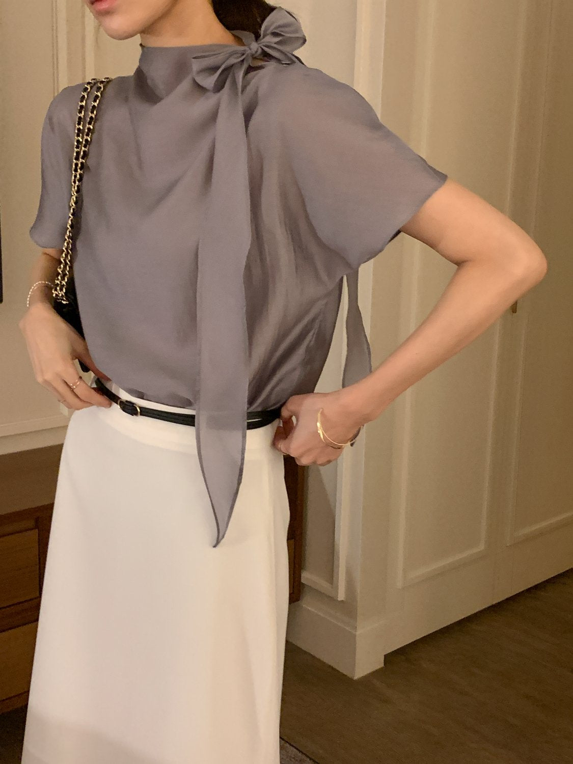 Tie Mock-Neck Blouse